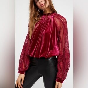 Free People Dream Team long sleeve velvet blouse with lace sleeves size L EUC